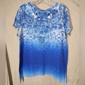 Clover+Pine Blue Ombre Geometric Print Short Sleeve Shirt Women's Large
